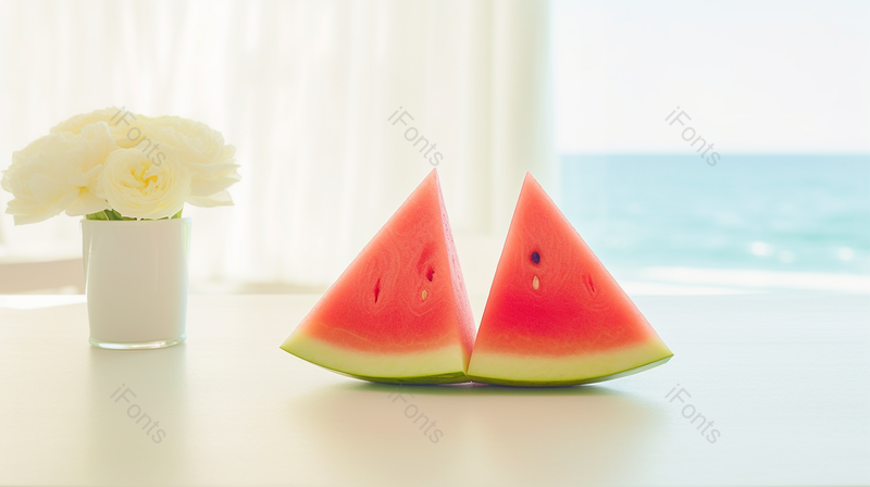 夏日海边玫瑰鲜花配清凉小西瓜,高清,摄影图,摄影图片,图片大全,摄影图免费下载